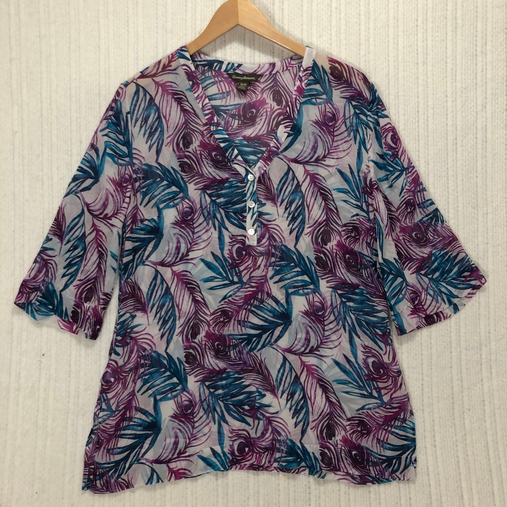 Tommy Bahama Silk Top Feather Print Button Down Blouse Cover Up M/M